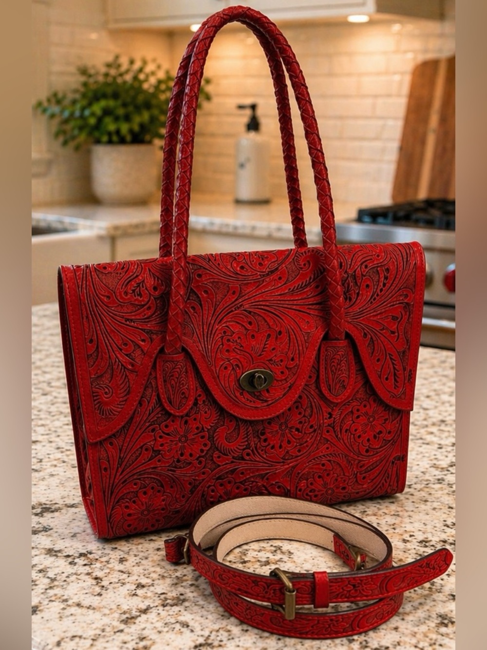 Embossed Red Leather Tote Bag